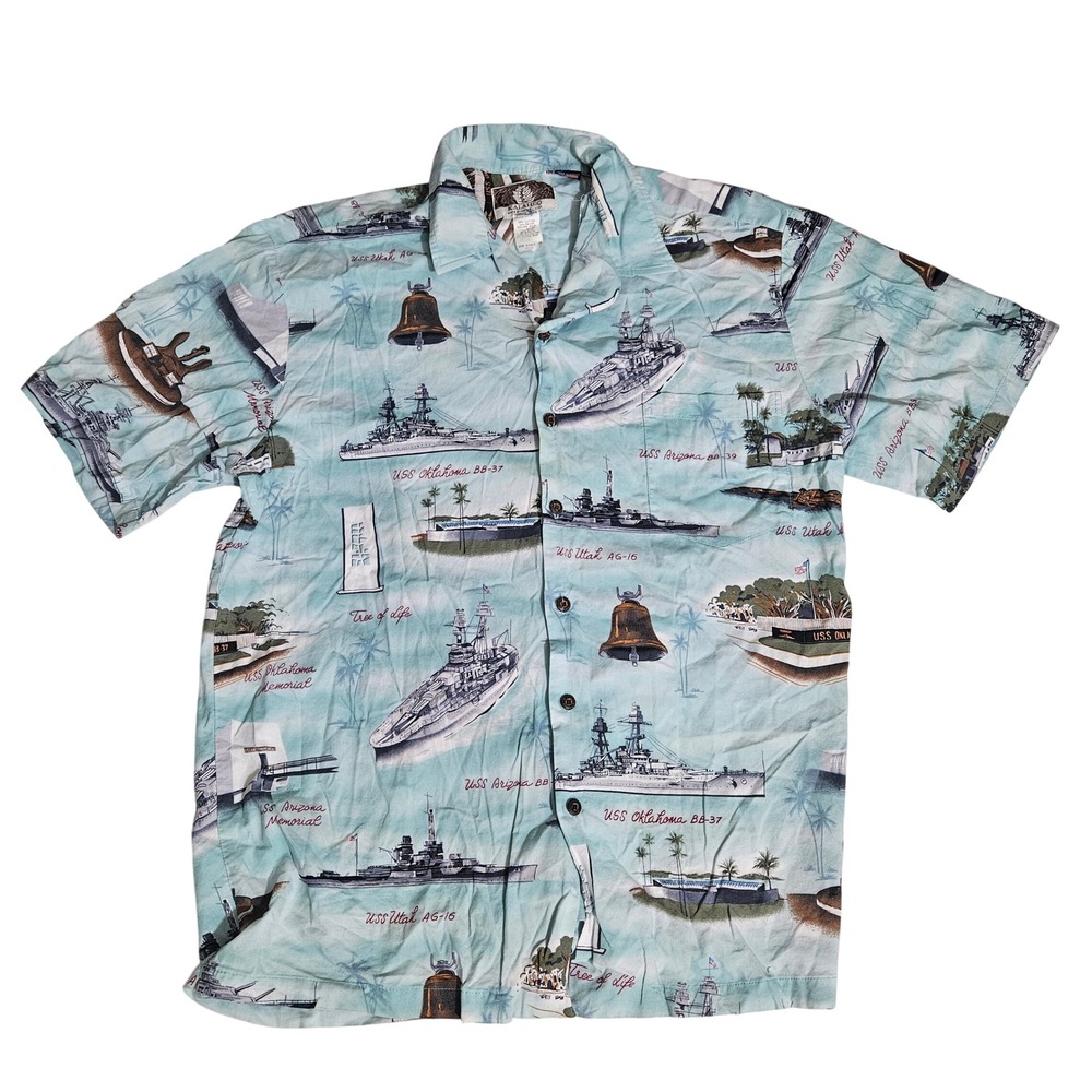 Kalaheo Pearl Harbor Memorial Aloha Shirt USS Arizona Oklahoma Utah Blue Mens L